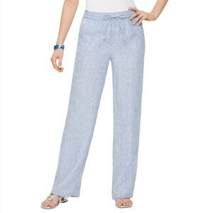 Talbots 14P Linen Wide Leg Pants Pull On White Blue Striped High Rise